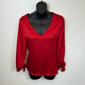 CeCe Dressy Bright Red Long Sleeved V Neck Blouse with Sleeve Bows Size Small